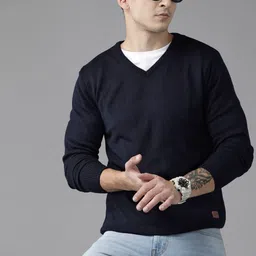 roadster Men Solid V Neck Dark Blue Sweater-picture-11