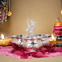 sigaram German Silver 4X3 Inch 3Cup Panchwala Kum Kum Bharani For Home Pooja Decor K2569 Silver Plated image 2
