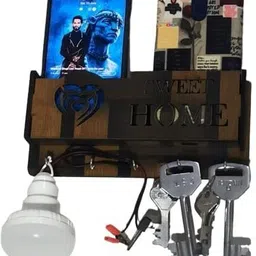 rareion engineering Wooden Key Holder 5 key Holder with 2 Mobile Space and USB Data Cable Space Wood Key Holder-picture-31