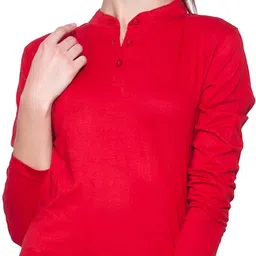 ap'pulse Women Solid Mandarin Collar Pure Cotton Red T-Shirt-picture-27