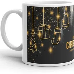 festivecraft Christmas Gift Coffee with Shining Golden Christmas Trees on Black Night Ceramic Coffee Mug image 3