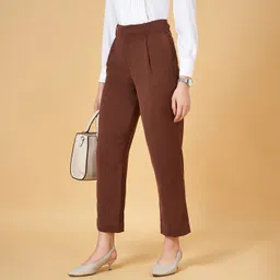 Women Regular Fit Brown Polyester Trousers-image-32