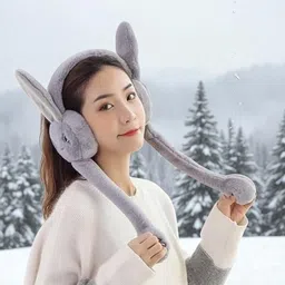 ablue clipper Fluffy Rabbit Ear Earmuffs with Pompom Strings for Winter - Cute and Stylish Ear Muff image 2