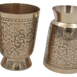 master brownsmith (Pack of 4) Brass Drinking Glass 350ml | Floral Engraved Design | For Pooja & Daily Use Glass Water/Juice Glass image 3