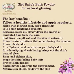 develixir natural cosmetics Girl baby Bath powder : for flawless glowing even skin tone packed with rose, Licorice, arjuna, green grams, red & white sandal wood, turmeric & Ayurvedic herbs extracts image 4