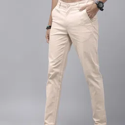 Men Regular Fit Beige Cotton Blend Trousers-image-0