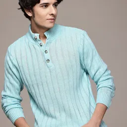 roadster Men Self Design Off Shoulder Blue Sweater image 3