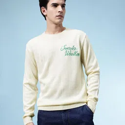 glitchez Men Solid Round Neck White Sweater image 3