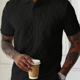 praizy Men Self Design Polo Neck Elastane Black T-Shirt image 1