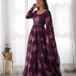 hanumant handwork Floral Print Georgette Stitched Flared/A-line Gown image 2