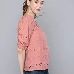 sassafras Casual Puff Sleeves Solid Women Pink Top image 2