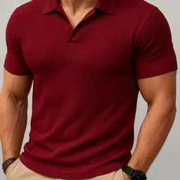 tazo Men Solid Polo Neck Cotton Blend Maroon T-Shirt-picture-13
