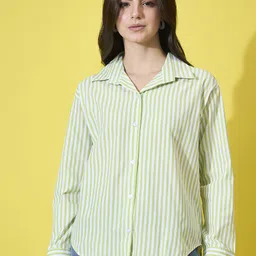 buynewtrend Women Oversized Fit Striped Spread Collar Casual Shirt-picture-21