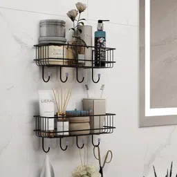 m y Self-Adhesive Bathroom Shelf with 4 Hook Steel Wall Shelf-picture-19