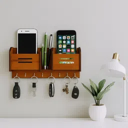 gs multistore Geometric Multipurpose Design Wood Key Holder 2 Pocket Pen Stand (Pack Of 1) Wood Key Holder image 2