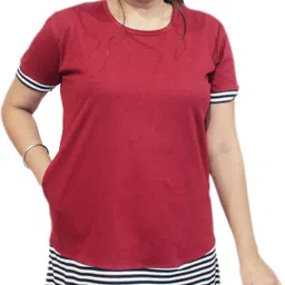 pinkshell Women Solid Round Neck Cotton Blend Maroon T-Shirt image 2