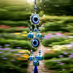 shop fusion Double Evil Eye 5 Bell Metal Wind Chimes Gives Health in you Home & Office Steel Windchime image 5