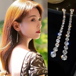 blingee Long Crystal Dimond Tassel Korean Earrings For Women Trendy Western Fashion Crystal, Cubic Zirconia, Diamond Alloy Earring Set, Drops & Danglers, Tassel Earring image 3