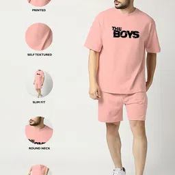 zbio Men Top & Shorts Set Pink Solid, Printed image 5
