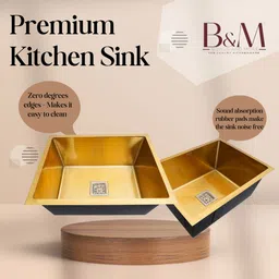 bowlsandmore | 24" x 18" x 10" | KITCHEN SINK WITH SS COUPLING SET & VEGETABLE BASKET| 24"x18"x10'' Single Bowl Sink, Gold Finish, Stainless Steel Top Mount image 3