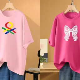 rapturous Pack of 2 Women Printed Round Neck Cotton Blend Pink T-Shirt-picture-13