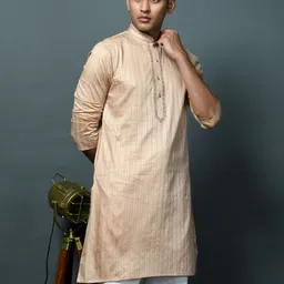 ethnitia Men Solid, Embroidered, Striped, Self Design Cotton Blend Straight Kurta image 3