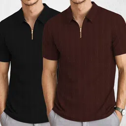 kajaru Pack of 2 Men Striped Zip Neck Polyester Black, Brown T-Shirt image 4