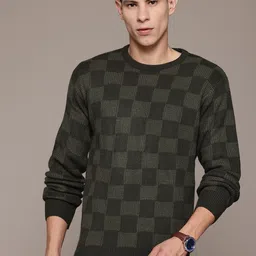 roadster Men Checkered Round Neck Dark Green Sweater-picture-17