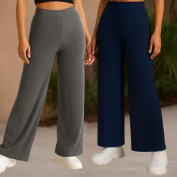 fabflee Pack of 2 Women Comfort Fit Multicolor Cotton Blend Trousers image 1