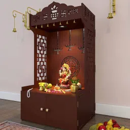 homscape Timeless Wooden Mandir For Home With Spacious Shelf Inbuilt Focus Light Brown image 4