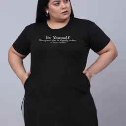 trend level Women Printed, Typography Round Neck Reversible Cotton Blend Black T-Shirt image 1