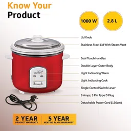 v-guard VRC2.8(2CB) BIS CERTIFIED| Double layer outer body|5year heating element waranty Electric Rice Cooker image 2