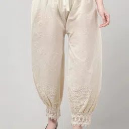 Women Straight Fit Cream Cotton Blend Trousers-image-39