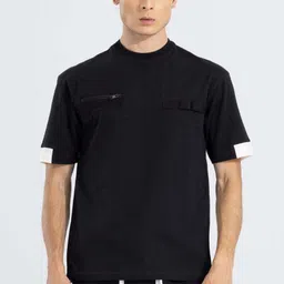 Men Solid Round Neck Cotton Blend Black T-Shirt-image-1