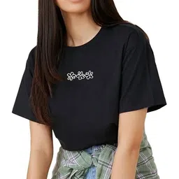 montequinto Women Embroidered Round Neck Cotton Blend Black T-Shirt image 1