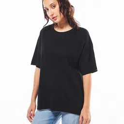 bewakoof Oversized Women Solid Round Neck Pure Cotton Black T-Shirt image 3