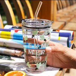 bunlek MUG WITH LID AND STRAW, Thick Shake Fruit Juice Bottle for Home and Office Glass Mason Jar image 3