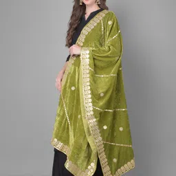 a r silk dupatta hub Velvet Self Design Light Green Women Dupatta image 3