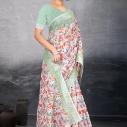 houseofcommon Floral Print Bollywood Cotton Linen Saree image 4