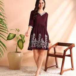 Women Fit and Flare Maroon Knee Length Dress-image-13