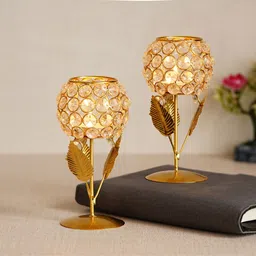ecraftindia Set of 2 Brass Rose With Leaf Shaped Flower Tea Light Candle Holders Crystal Tealight Holder image 1