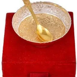 giftcity Silver Plated Brass Bowls Set of 2 Pieces Bowl, Spoon Serving Set-picture-23
