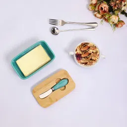 honbuty Ceramic Storage Bowl Ceramic Butter Dish with Wooden Lid, Large Butter Container Keeper Storage image 2