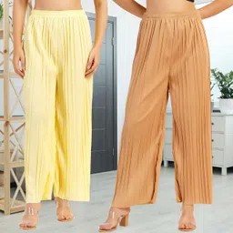 kwsh Pack of 2 Women Regular Fit Yellow, Cream Viscose Rayon Trousers-picture-31