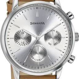 Sonata 2 Quartz Multifunction Silver Dial Brown Leather Strap Analog Watch - For Men 77139SL01|77139SL01|77139SL01 image 3