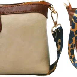 Beige, Brown Women Sling Bag Stylish Crossbody Bag with Dark Blue Belt For Girls & Women-image-3