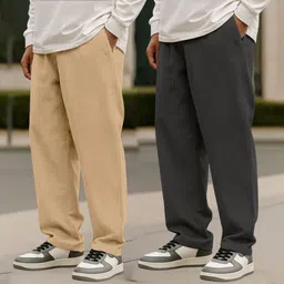 fabflee Pack of 2 Men Self Design Beige, Grey Track Pants-picture-19