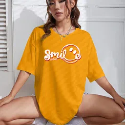 leotude Women Printed Round Neck Cotton Blend Yellow T-Shirt image 3