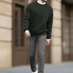 tripr Men Solid Round Neck Dark Green, White Sweater image 4