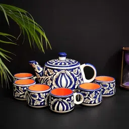 laxmi creation Pack of 7 Ceramic align blue mughal Tea set with kettle with cup image 5